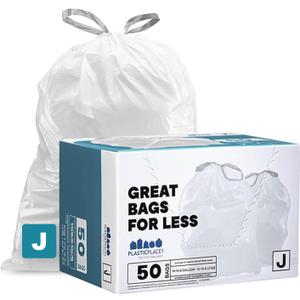 Plasticplace Custom Fit Trash Bags Compatible with Simplehuman Code J 50 Count White Drawstring Garbage Liners 10-10.5 Gallon 21"x28" Tear-Resistant LLDPE Bags for Kitchen Bathroom & Office