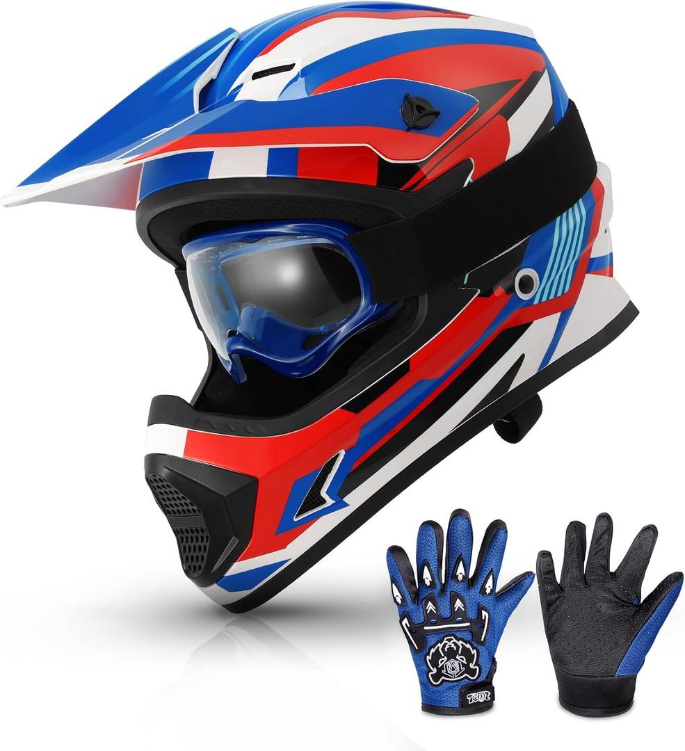 TCMT Youth Dirt Bike Helmet DOT Certified - Kids Full Face Motocross ATV Helmet with Goggles, Gloves and Helmet Bag for Off-Road, BMX, MX, Street Riding