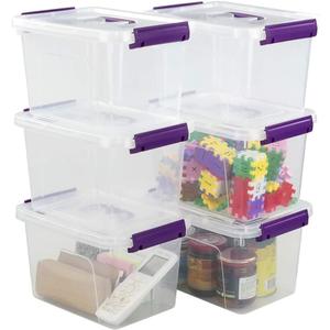 Farmoon 6 Quart Clear Storage Bin, Small Plastic Stackable Box/Cotainer with Lid and Purple Handle, 6 Packs
