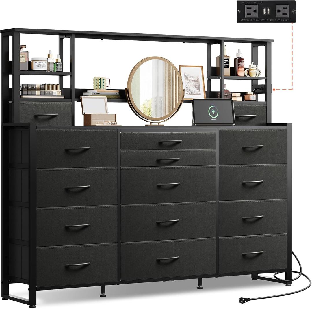 WLIVE 55" W Dresser for Bedroom with 15 Fabric Drawers & 5 Storage Shelves, Tall Black Dresser with Charging Station, Makeup Vanity Desk, Dressing Table, Chest of Drawers for Closet, Living Room