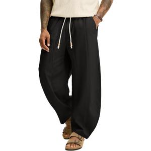 JEMLDL Men's Baggy Cotton Linen Pants Pleated Barrel Leg Trousers Drawstring Summer Beach Casual Pants (Black, XXXL)