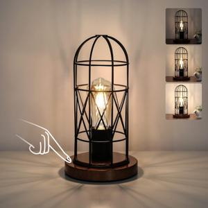Touch Control Table Lamp, Industrial Bedside Lamp with 3 Way Dimmable Small Nightstand Lamp Vintage Metal Cage Table Lamp for Bedroom, Kitchen (Bronze Base with Black Cage)