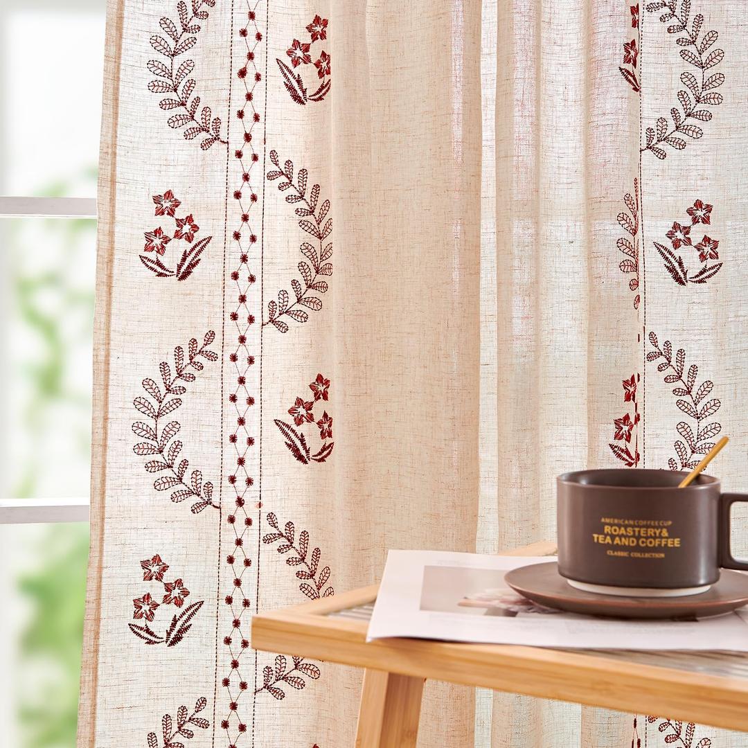 jinchan Belrose Linen Curtains for Bedroom Floral Curtains 63 Inch Length Linen Blend Burgundy Red Embroidered Drapes Farmhouse Flower Patterned Drapes for Living Room Window Treatments Set 2 Panels