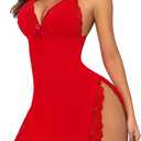 Lingerie for Women Sexy Nightgown Lace Trim Sleep Dress with Side Slit Night Gowns Soft Loungewear Sleepwear (XX-Large, Bright Red)