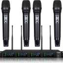 Professional 4 Channel Wireless Microphones System Auto Scan, UHF 4 x 50 Channel Metal Handheld Dynamic Cordless Microphone Set, 300Ft Range, Wireless Mics for Singing,Karaoke,Church and Dj