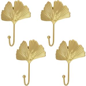 MOROBOR Decorative Leaves Iron Hooks,4pcs Ginkgo Leaf Shape Wall Mounted Hooks Modern Key Holder Wall Mounted Gold Single Prong Hat Hanger Home Office Nursery Room Decoration