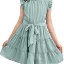 blibean Tween Girls Elegant Dresses Kids Summer Ruffle Sleeve Dress Size 4-15 Years Old (Green, M)