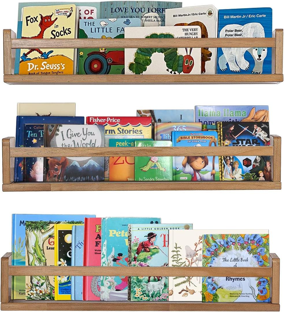 AZSKY Nursery Shelves Light Walnut Floating Book Shelf Organizer for Baby Nursery Dcor Wall Book Shelves for Kids Room 24 Inch Wood Wall Ledge Shelves for Bathroom Kitchen Spice Rack a Set of 3 (24Inch)