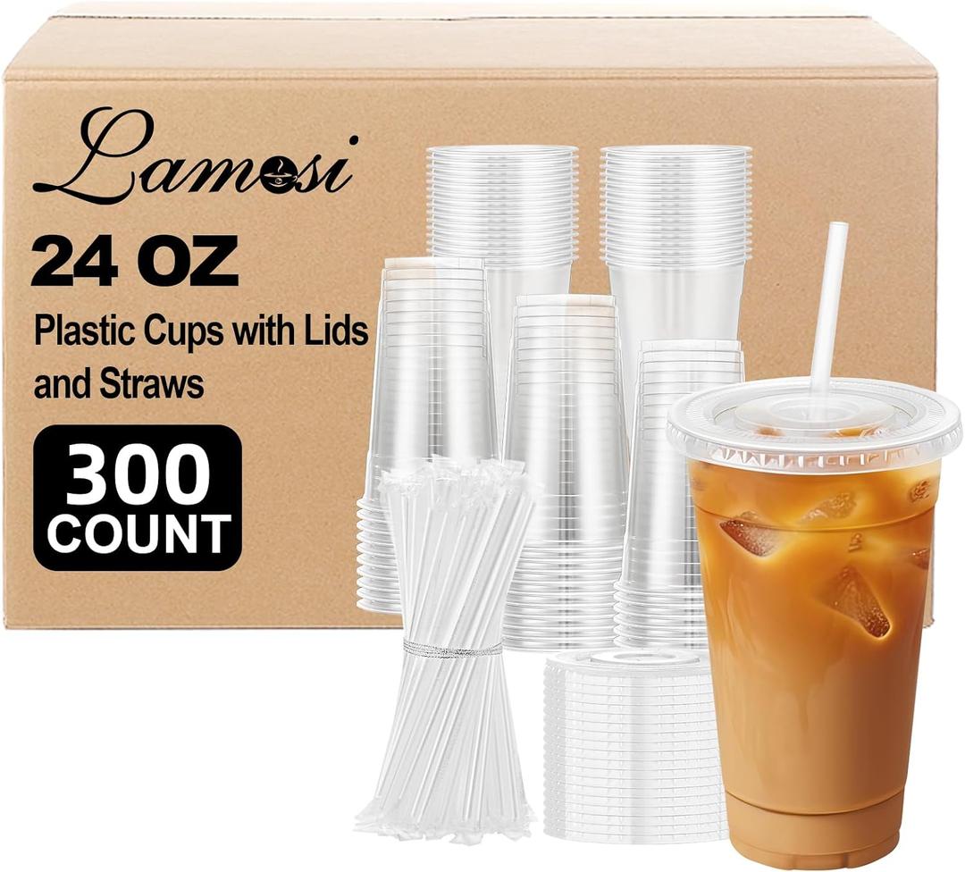 Lamosi 300 Pack 24 oz Plastic Coffee Cups with Lids, Disposable Clear Cups