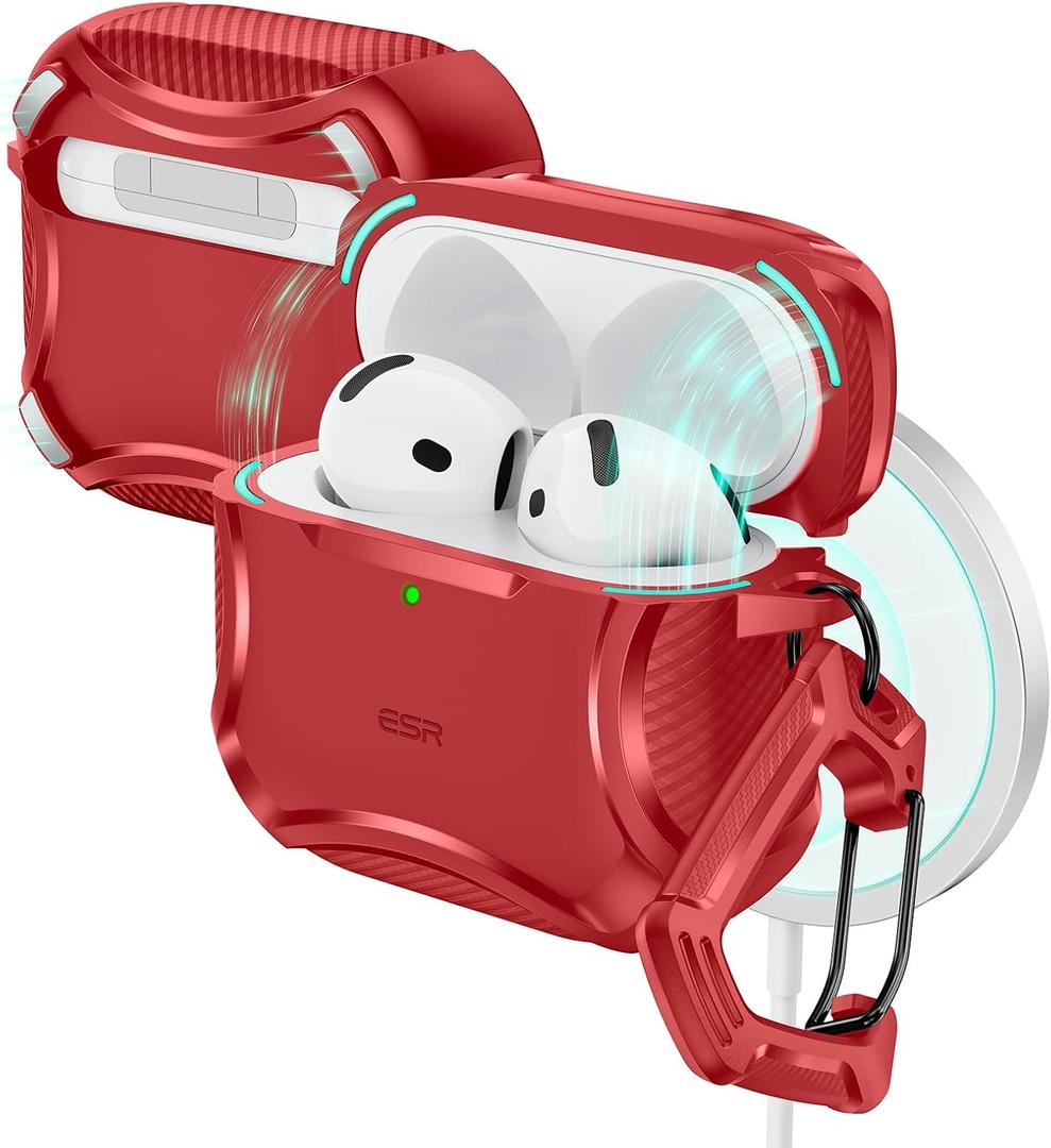 ESR for AirPods 4 Case, Compatible with AirPods 4th Generation Case (2024), Compatible with MagSafe, Powerful Drop Protection, Magnetic Lid, Cyber Series, Red