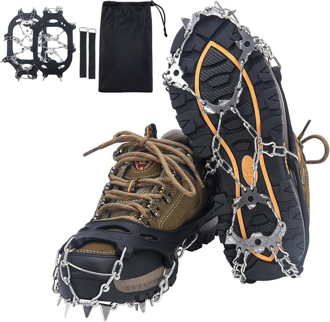 Crampons for Hiking Boots, Shoes, Anti Slip 19 Stainless Steel Crampons Ice Cleats Traction Snow Grips Safe Protect for Women Men Kids Walking Climbing (Medium, Black)