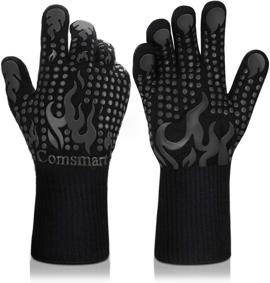 Comsmart BBQ Gloves, 1472F Heat Resistant Silicone Non-Slip Oven Mitts, Long Kitchen Gloves Perfect for Grilling, Cooking, Baking, Cutting Black