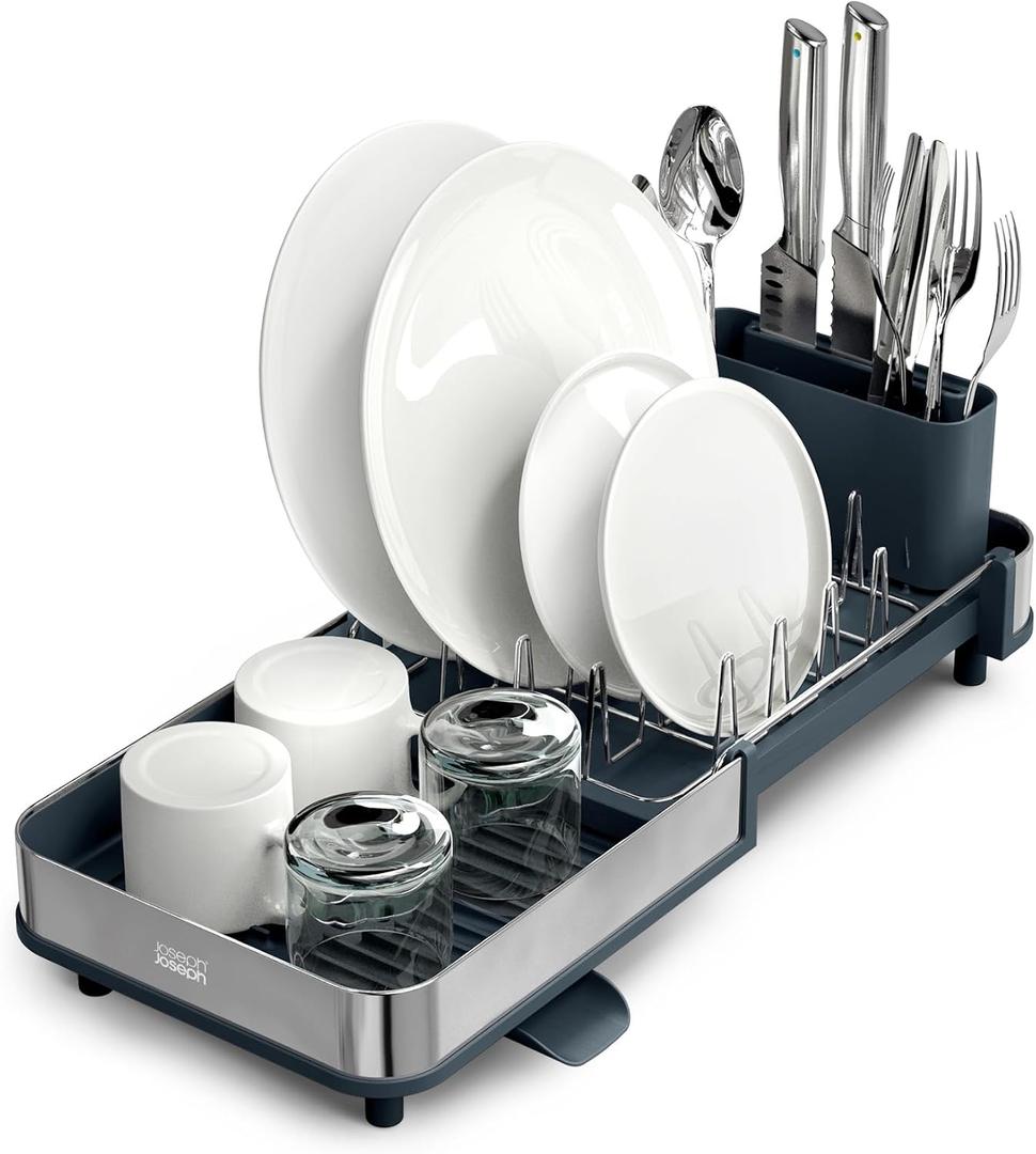 Joseph Joseph Extend Slim Steel Expandable Dish Drying Rack with Removable Cutlery Holder and Swivel Draining Spout, Compact Design, Grey (Gray)