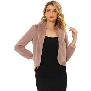 Allegra K Women's Fur Coat Fasion Winter Open Front Cropped Jacket Lapel Long Sleeve Fluffy Faux Fur Coat L