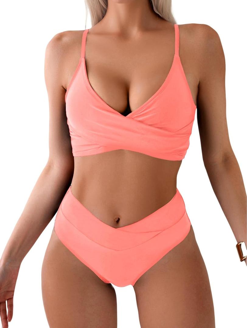 Tainehs Women's Bikini Sets Two Piece Swimsuit V Neck Twist Front V Cut Bottom Bathing Suit (Large, Coral Pink) Tainehs Women's Bikini Sets Two Piece Swimsuit V Neck Twist Front V Cut Bottom Bathing Suit (Large, Coral Pink)
