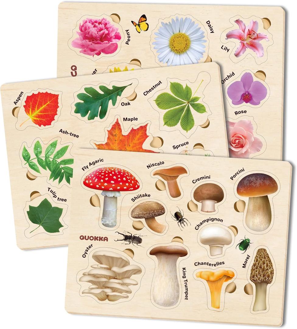 QUOKKA Wooden Puzzles for Toddlers 2-4  3X Set Montessori Toys Puzzles for Kids Ages 3-5  Wood Educational Baby Game 12-18 Months  Gift Learning Mushrooms Flowers Leaves for Boy & Girl 3-5