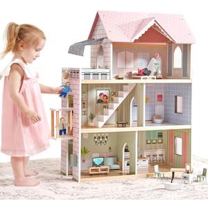Giant bean Large Pink Wooden Dollhouse with Furniture for Girls with Doorbell, Light,Elevator, 6 Rooms 2.6ft High,15 Pcs Furniture & 3 Dolls, Kids Playhouse Toy for Girls 3-7+, 31.5" x 25" x 12.2"