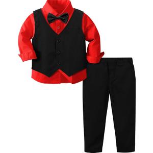 A&J DESIGN Christmas Outfit Toddler Boy Suit Valentine Day Photoshoot Gentleman Tuxedo Black and Red 4-5T