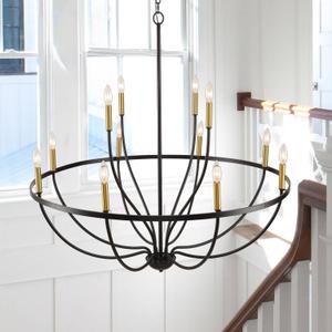 Modern Farmhouse Chandelier for Dining Room 12 Lights, Industrial Black and Gold Lighting Fixture, Candle Pendant Light for Kitchen Island High Ceilings Living Room Hallway Entryway Foyer