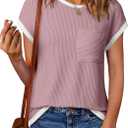 EVALESS Women's Short Sleeve T Shirts Crewneck Color Block Ribbed Knit Tee Blouses 2025 Trendy Summer Tops Size Small