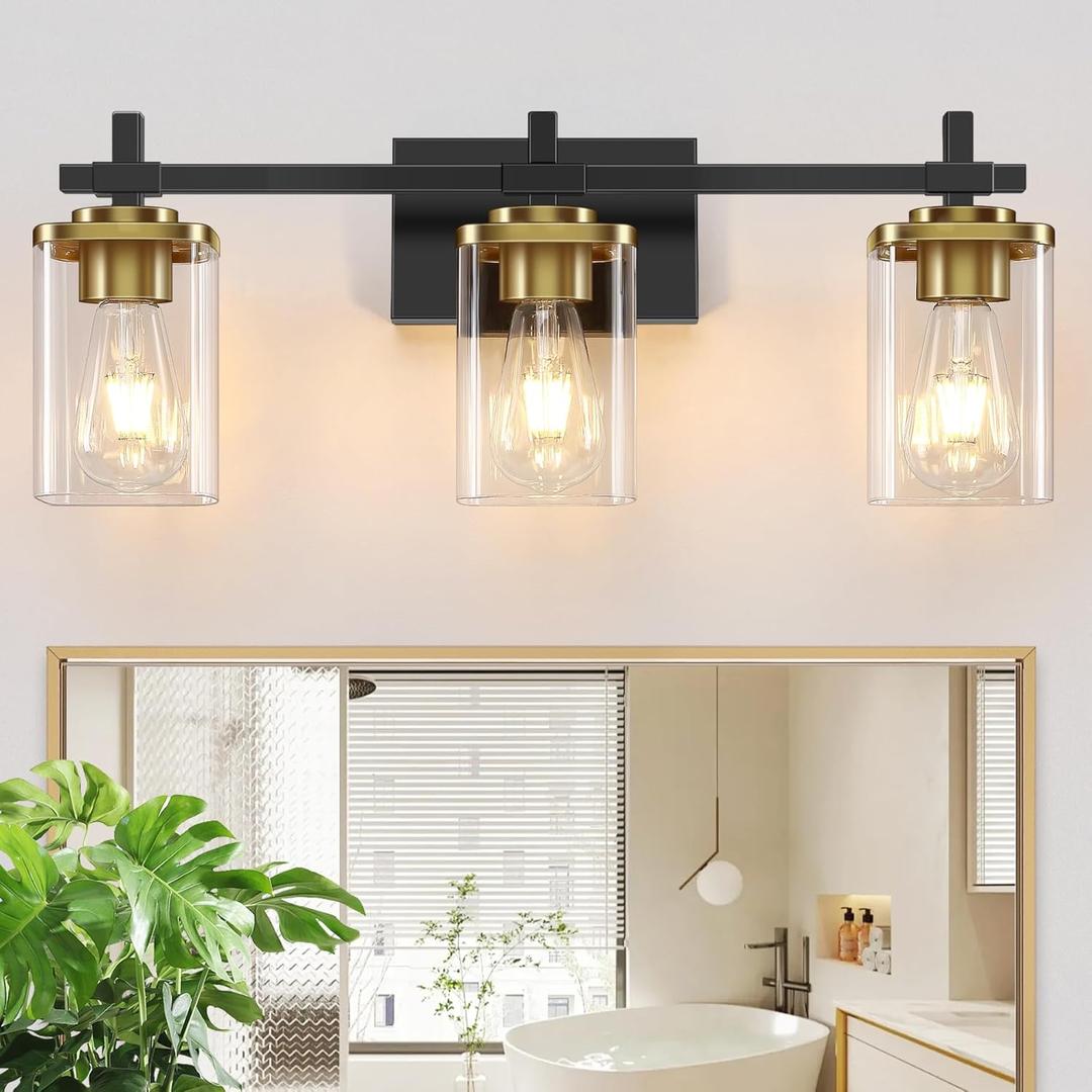 3-Lights Black and Gold Bathroom Light Fixtures Over Mirror, Modern Brushed Gold Vanity Lights for Bathroom, Sconces Wall Lighting with Square Glass Shade for Mirror Bedroom Hallway
