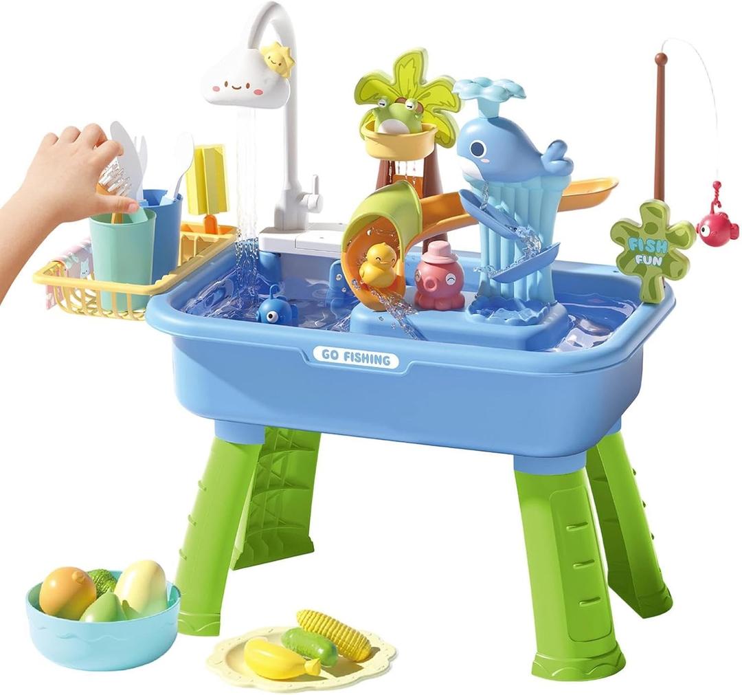 Kids Water Table, 4 in 1 Outdoor Water Games for Kids, with Tap & Fishing Game, Sensory Table - 43 Pieces Water Accessories for Indoor & Outdoor Fun During Summer