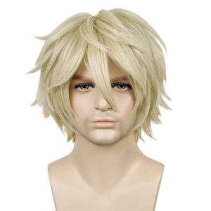 LABEAUT Short Blonde Wig Male Men, Anime Fluffy Golden Cosplay Anime Wigs With Bangs Unisex Heat Resistant Hair for Party Halloween + Free Cap