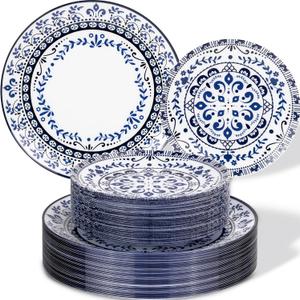 Hioasis 60pcs Blue Plastic Plates Set - Floral Blue & White Porcelain Design, 10.25" Dinner & 7.5" Dessert Plates Disposable for Wedding (Dishwasher Safe, Traditional Style)