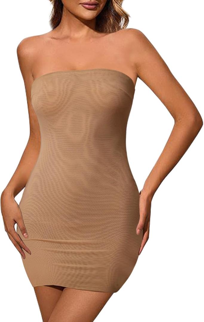 ACOSAP Women's Sexy Strapless See Through Bodycon Dress Novelty Mesh Sheer Club Party Mini Dress (Nude) S
