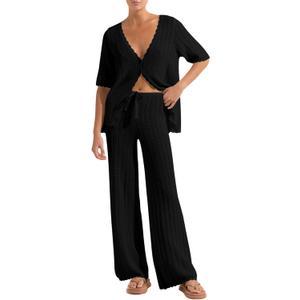 Imily Bela Women's Summer 2 Piece Swimsuit Cover up Crochet Knit Cardigan Tops Long Pants Set Bathing Suit Beach Outfit (Large, Black)
