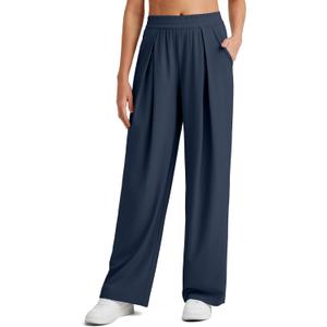 G4Free Lightweight Wide Leg Pants Women Trendy Flowy High Waisted Front Pleat Travel Pant Casual Lounge Trousers (Small Petite, Dark Blue)