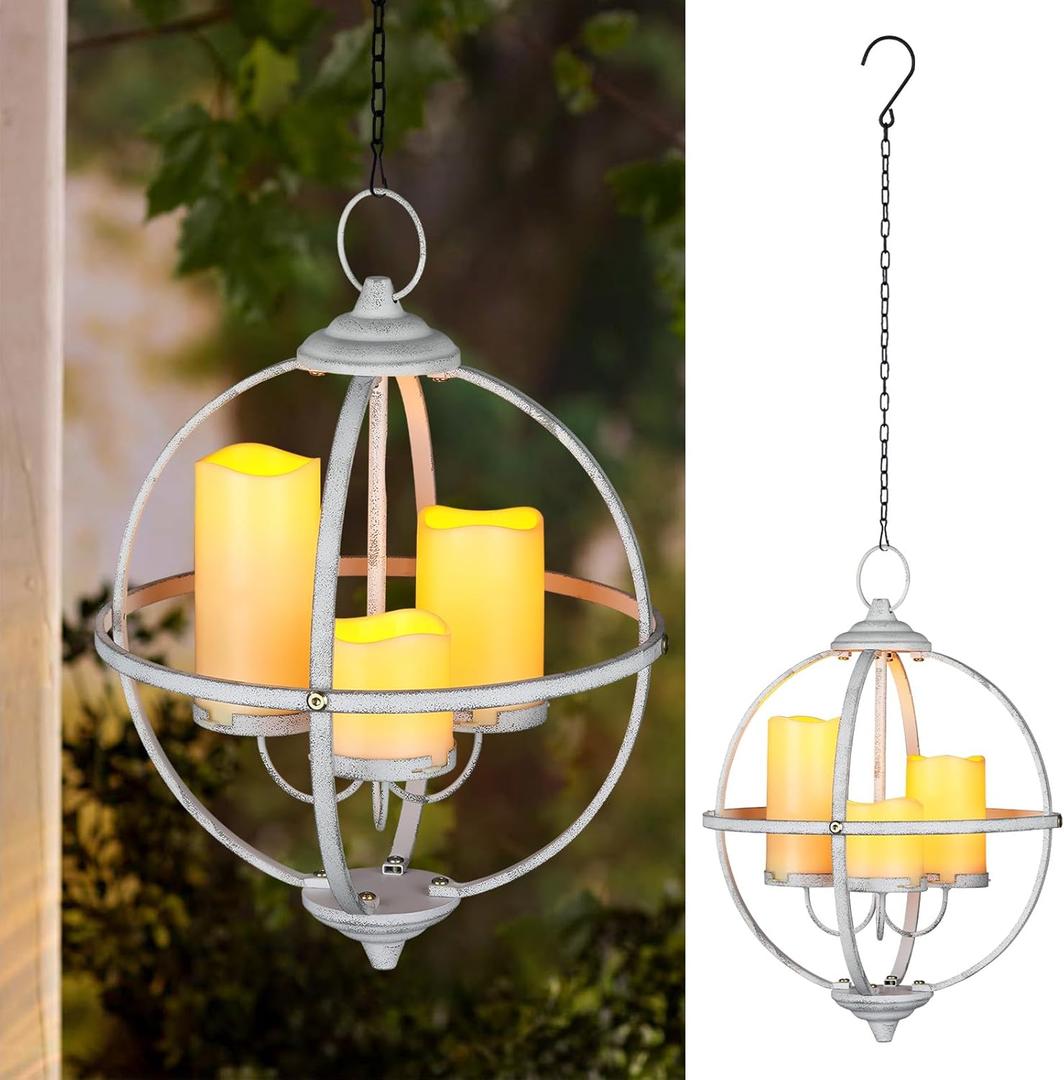 Battery Operated Outdoor Candle Chandelier - White Metal Globe Hanging Pendant Light with 3 Flameless Candles, 12.6" Waterproof Lights for Gazebo, Pergola, Garden, Porch & Backyard