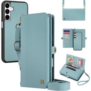 MEGSHI for Wallet Case Compatible with Samsumg Galaxy S25 Plus Multi-Function Detachable 2 in 1 Magnetic Phone Case Wallet,Flip Strap Zipper Card Holder Phone Case with Shoulder Straps (Blue)