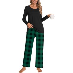 Anymiss Women's Spring Pajama Sets Winter Long Sleeve Lounge Sleepwear with Pockets (Large, Green Plaid+black)