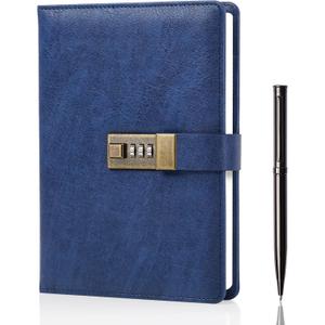 WEMATE Diary with Lock, A5 PU Leather Journal with Lock 240 Pages, Vintage Locks Journal Password Notebook with Pen, Locks Diary Planner Organizer for Men and Women, 8.6x5.8in Blue