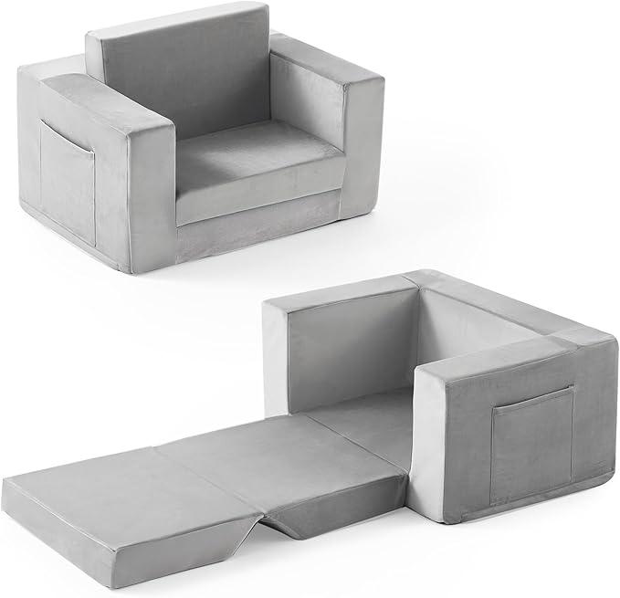 Toddler Chair Comfy 1-3 Years Old, Convertible Kids Chair, Toddler Couch That Fold Out, Kid Lounge Chairs for Boys and Girls, Soft Coral Fleece, Grey