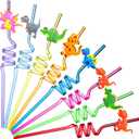 Patelai 24 Pieces Reusable Dinosaur Straws Dino Silly Fun Twisty Crazy Straws for Kids Dinosaur Birthday Party Favors Decorations 8 Styles