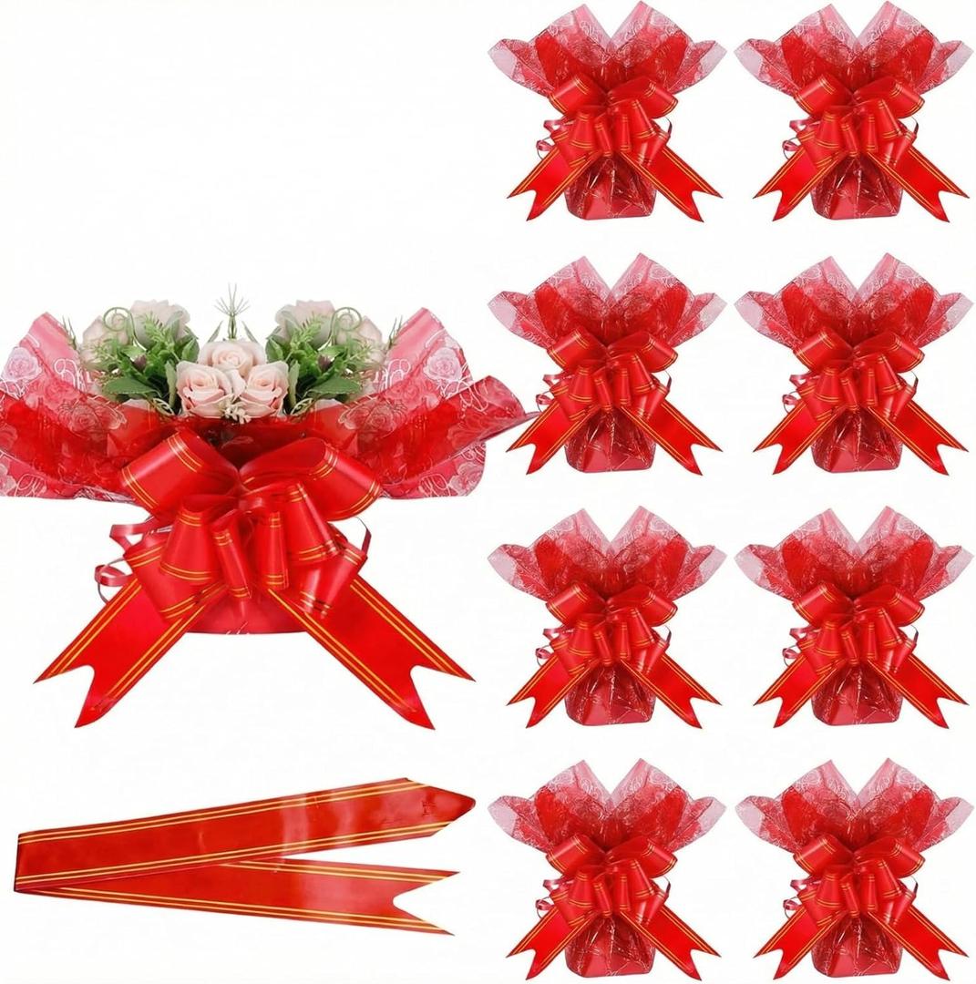 ForraFun 50 Set Valentine Plant Pot Covers Floral Cellophane Wrap Paper Sheets with 15 Bow Decorative Plant Sleeve for Home Flower Pot DIY Decor (Red)