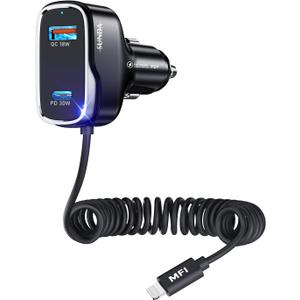[Apple MFi Certified] iPhone Car Charger, Built-in 5.7FT Lightning Cable for iPhone 17/16/15/14/Max/XR/X/8/7/iPad, 71W 3-Ports PD30W Car Charging Adapter for Samsung Galaxy S25/S24/S23, Google Pixel