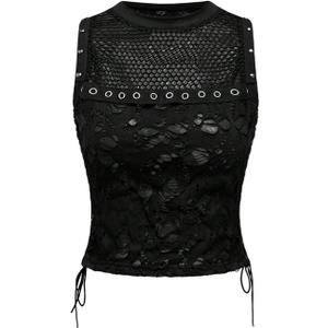 Verdusa Women's Goth Sheer Studded Crop Tank Top Punk Lace Up Distressed Going Out Tops (S, Black)