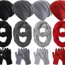 Suhine 16 Pcs Winter Beanie Hat Scarf Gloves Set Women Winter Knitted Hat Circle Scarves Touchscreen Gloves Earmuffs (Gray, Black, Dark Gray, Wine Red)