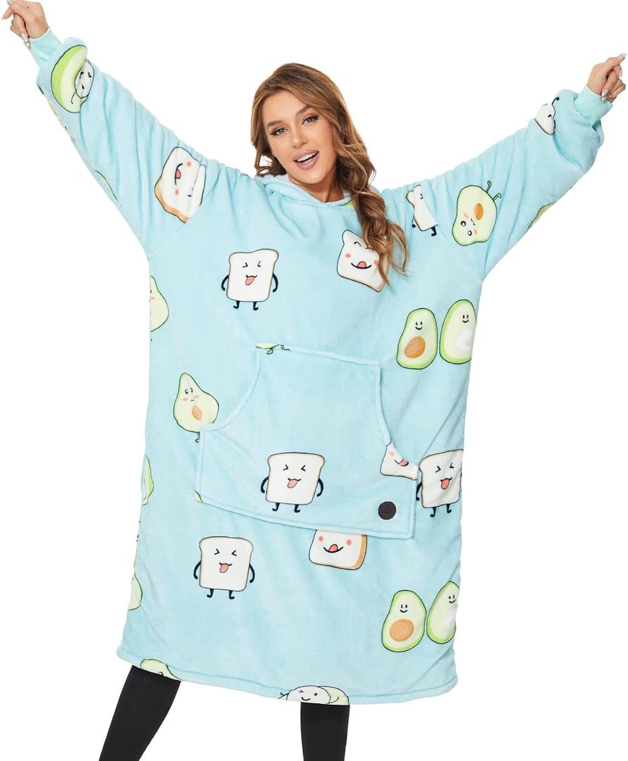 THREE POODLE Wearable Blanket Hoodie, Oversized Long Sherpa Sweatshirt Blanket for Adults Women Men, Warm Cozy Hooded Blanket, Gifts for Mom Girlfriend (Avocado Green)