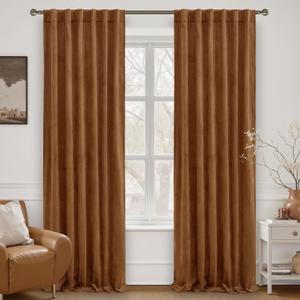 LAMIT 90 Inches Velvet Panels for Living Room, Golden Brown Thermal Blackout Curtains Room Darkening Back Tab and Rod Pocket Panels for Mid Century Decor Bedroom, 2 Panels, 52 x 90 Inch