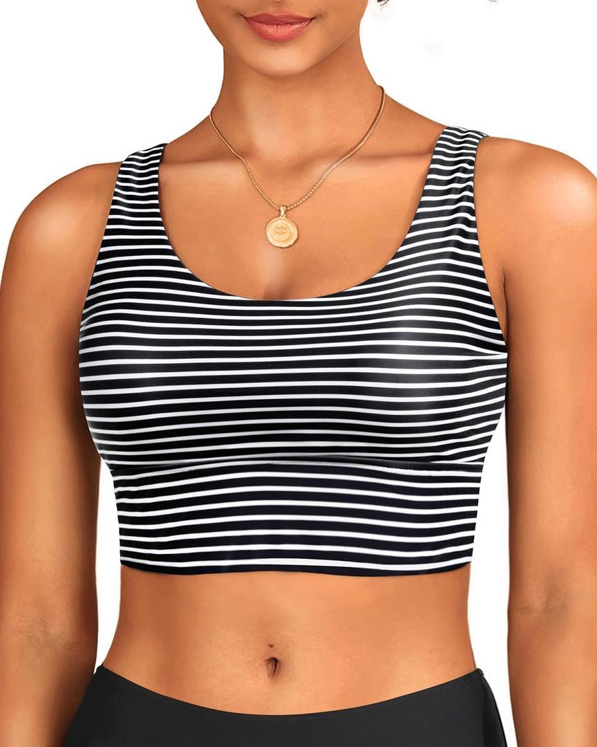 Yonique Women Sports Bra Bikini Top Swim Bra Athletic Swim Top Scoop Neck Bathing Suit (Small, Black and White Stripe)