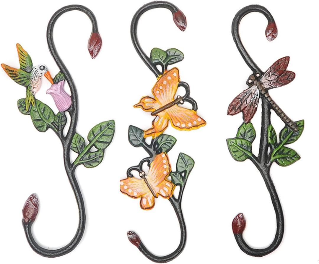 3PCS Cast Iron Plant S Hangers, Decorative S Hook Outdoor Heavy Duty Ceiling Decorative Flower Hanging Baskets Plant Extenders Garden Window S-Hooks for Hanging