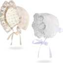Unittype 2 Pieces Baby Girl Lacy Bonnet Eyelet Lace Christening Bonnet Cap Toddlers Beanie Breathable Sun Protection Hat White,40- 44cm 16.5-17.3 inches in head circumference