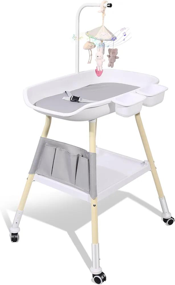 Baby Changing Table, Adjustable Height Diaper Changing Station with Baby Crib Mobile, Changing Pad, Nursery Organizer and Large Storage Rack for Infant and Newborn