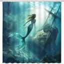 Mermaid Shower Curtain Vintage Underwater Ocean Shipwreck Coastal Abstract Tropical Coral Fantasy Marine Life Bathroom Decor Polyester Curtains with Hooks,70Wx70L