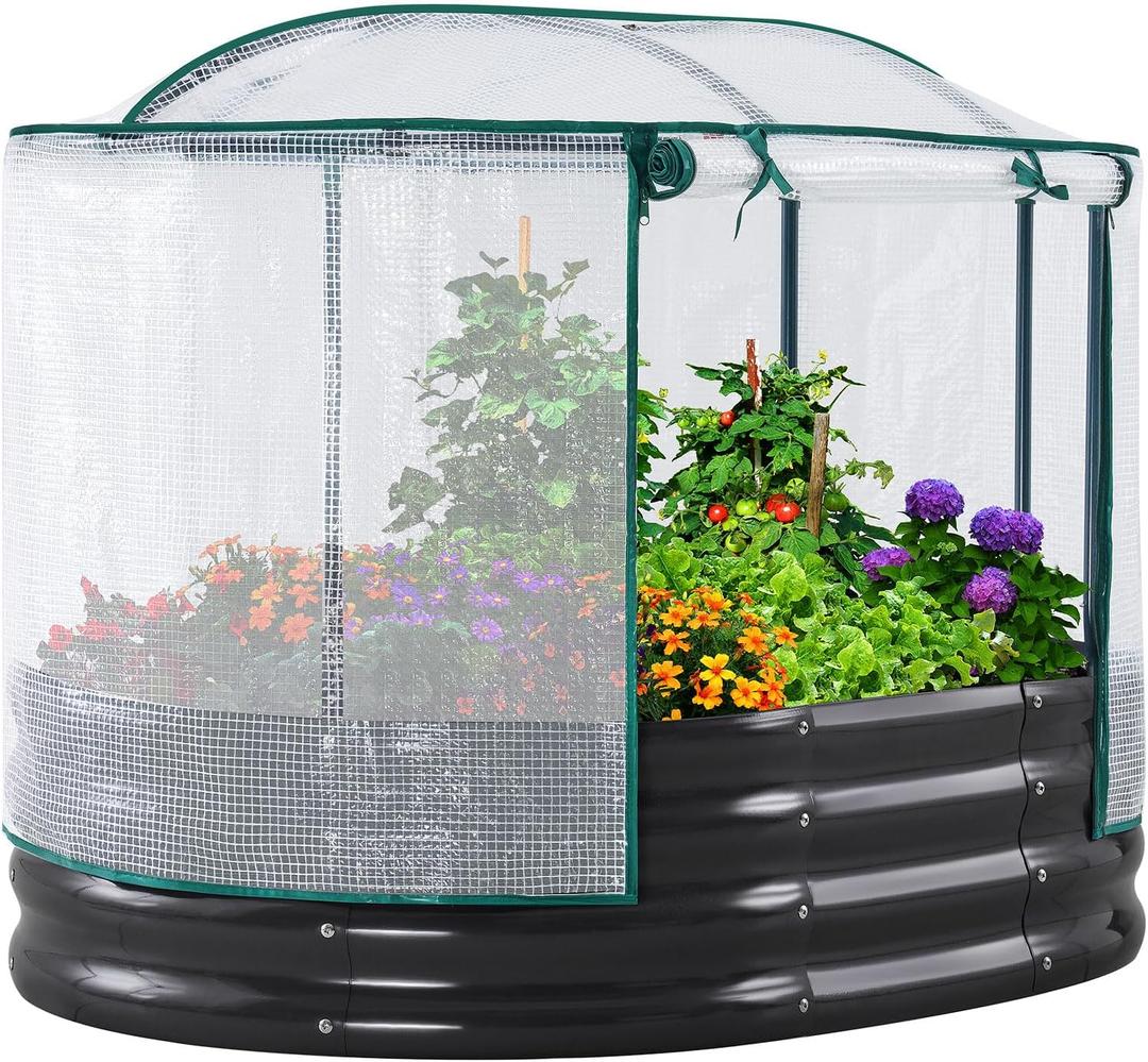 KING BIRD Raised Garden Bed with Cover Galvanized Oval Planter Garden Box Outdoor for Gardening, Vegetables, Flowers 4x3x1 Ft, White, GB-22W