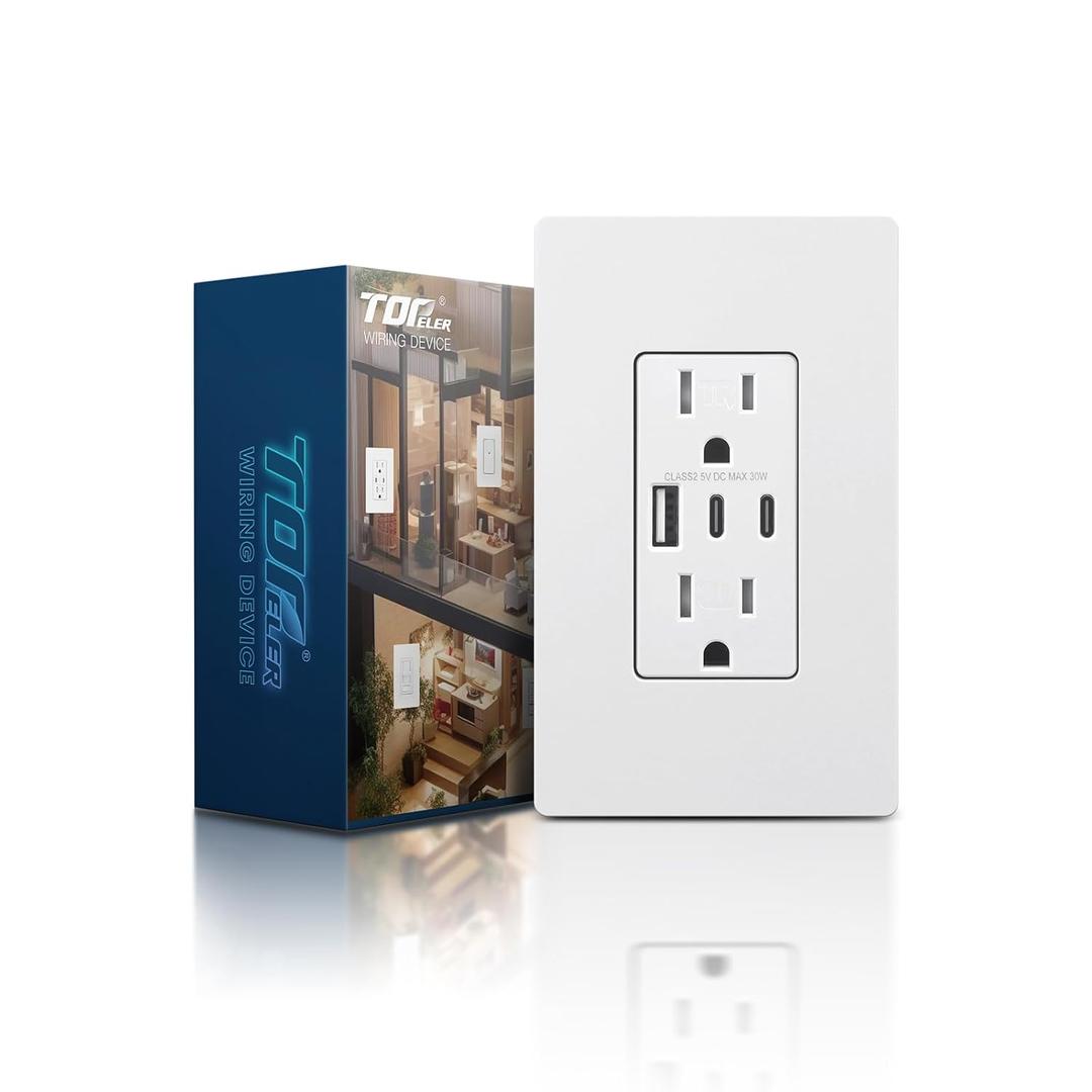 TOPELER USB Wall Outlets, 3-Port USB C Outlet Receptacles, 30W 6.0A USB Electrical Outlet, 15 Amp Tamper-Resistant Outlet with Dual C Ports, ETL & FCC Listed, Screwless Wall Plate Included, White
